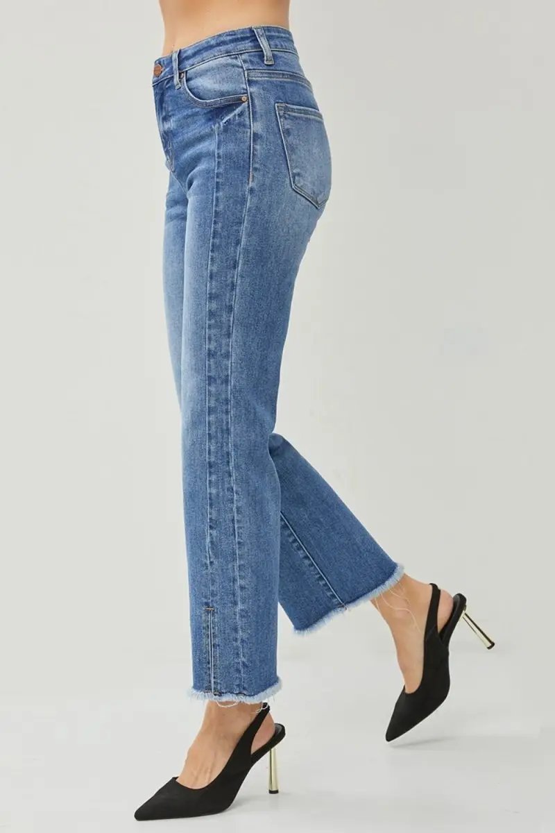 RISEN High Waist Raw Hem Slit Straight Jeans for Women - Love Salve
